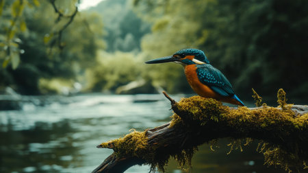 A striking kingfisher with vibrant blue and orange feathers perches gracefully on a moss-covered branch by a calm river, highlighting nature's beauty.の素材
