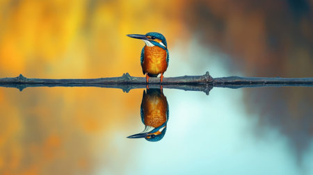A vibrant bird perched on a branch reflects beautifully in calm water, showcasing nature's stunning colors and tranquility in a serene environment.の素材