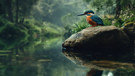 A vibrant kingfisher perched on a rock by a serene riverbank. The colorful bird reflects beautifully in the calm water, surrounded by lush greenery.の素材
