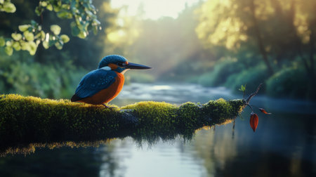 A vibrant kingfisher perched on a moss-covered branch by a tranquil stream, bathed in soft morning light, showcasing the beauty of nature.の素材