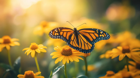A stunning monarch butterfly perched on a bright yellow flower, bathed in soft sunlight. This image captures the beauty of nature and vibrant colors.の素材