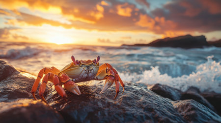 A vibrant crab rests on a rock with crashing waves in the background, capturing the essence of coastal wildlife at sunset.の素材