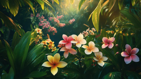 Discover a stunning array of vibrant tropical flowers nestled among lush greenery. This enchanting scene captures the beauty and serenity of nature in full bloom.の素材