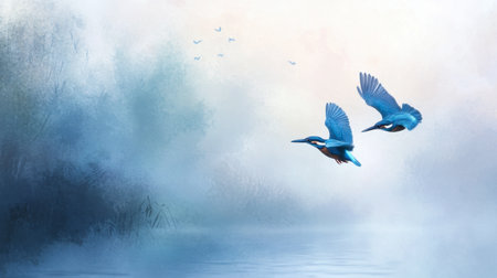 A serene scene featuring two blue birds flying over a misty lake. The soft fog creates an ethereal atmosphere, perfect for nature lovers.の素材