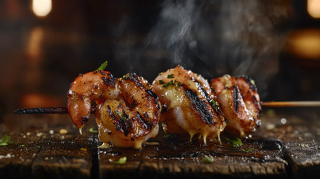 Indulge in the mouthwatering sight of grilled shrimp skewers, featuring perfectly charred seafood with aromatic herbs, ideal for any culinary moment.の素材