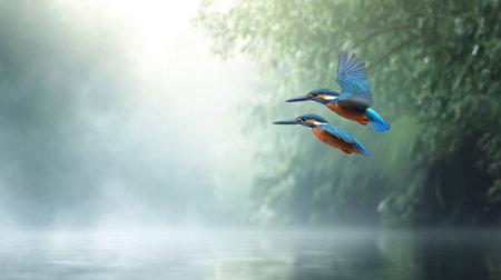 Two vibrant kingfishers soar gracefully over a misty water surface, surrounded by lush greenery, creating a serene and tranquil scene in nature.の素材