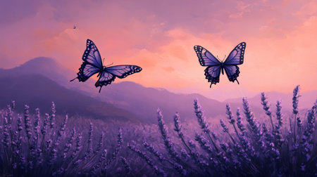 Two butterflies gracefully flutter above vibrant lavender fields at sunset, creating a tranquil scene rich in color and natural beauty, perfect for nature lovers.の素材