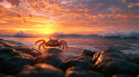A serene crab perched on rocky shoreline during a stunning sunset. Waves gently crash nearby, creating a tranquil coastal scene rich in color and beauty.の素材