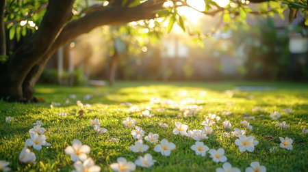 A tranquil garden scene showcasing sunlight filtering through trees, illuminating a carpet of delicate flower petals on lush green grass, creating a serene atmosphere.の素材