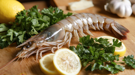 A large, fresh shrimp lies on a wooden countertop surrounded by vibrant herbs and lemon slices, showcasing the essence of natural ingredients in culinary arts.の素材