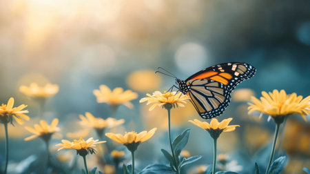 A delicate butterfly rests on a vibrant yellow flower, basking in soft sunlight. The serene garden setting highlights the beauty of nature and pollination.の素材