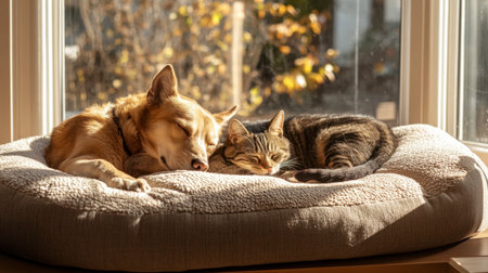 A peaceful scene of a dog and cat sleeping together in a sunlit room, capturing the essence of friendship and comfort in a cozy indoor setting.の素材