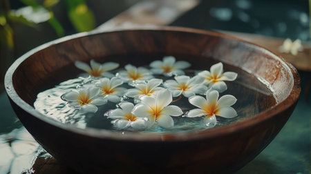 A serene wooden bowl filled with tranquil water and white flowers creates a calming and aesthetic scene. Perfect for relaxation and decoration.の素材