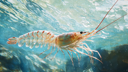 A vibrant shrimp swims gracefully through clear ocean water, showcasing its delicate structure and colors. Ideal for marine life projects and aquatic themes.の素材