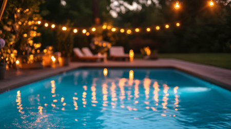 A tranquil outdoor scene featuring a sparkling swimming pool illuminated by warm string lights, perfect for relaxation and summer gatherings in a beautiful garden setting.の素材
