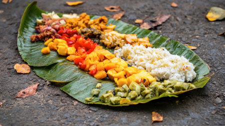 A vibrant Tamil feast displayed on a banana leaf, featuring a variety of colorful dishes including rice, vegetables, and fruits, perfect for celebrating culture and heritage.の素材