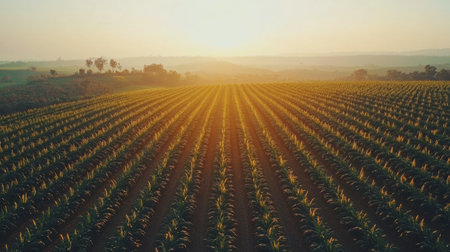 A stunning aerial view of a lush green cornfield during sunrise, showcasing the tranquility of rural landscapes and the beauty of agricultural growth.の素材