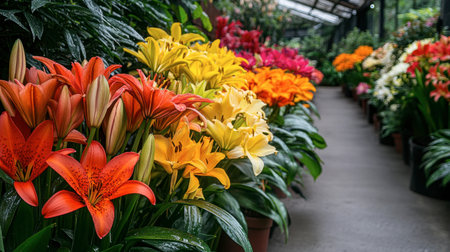 A stunning array of colorful flowers in a greenhouse, showcasing bright orange, yellow, and pink blooms. This vibrant scene captures the essence of nature's beauty.の素材