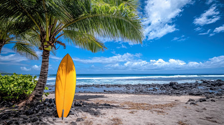 A vibrant tropical beach scene featuring a bright yellow surfboard beside lush palm trees, inviting relaxation and adventure under a clear blue sky.の素材