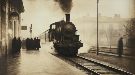 A vintage steam train arrives at a bustling station, surrounded by mist and awaiting passengers. This nostalgic scene captures the essence of historical travel.の素材