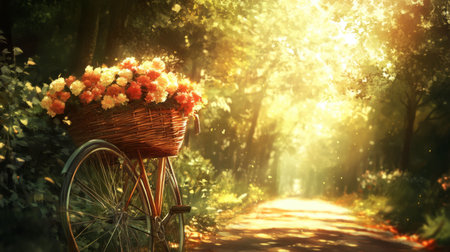 A charming bicycle adorned with a basket of flowers rests on a serene path, bathed in warm sunlight, creating a peaceful and idyllic outdoor scene.の素材