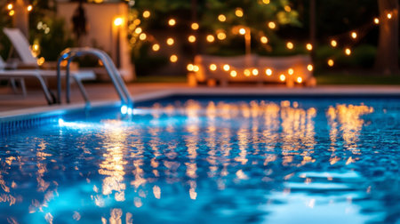 A serene pool scene featuring clear blue water reflecting warm string lights. Perfect for evoking relaxation, tranquility, and inviting ambiance for summer evenings.の素材