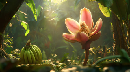A stunning exotic flower blooms in a lush tropical setting, illuminated by soft sunlight. The vibrant colors and rich greenery create a serene and peaceful atmosphere.の素材