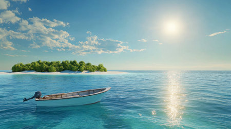 A tranquil scene featuring a boat gently floating on clear blue water near a lush island under a bright sky, evoking feelings of relaxation and adventure.の素材
