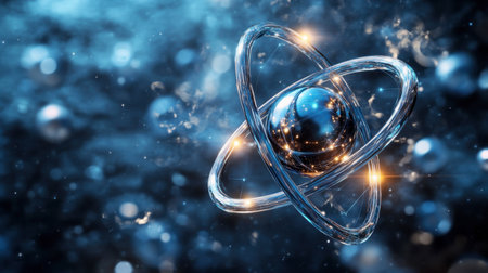 Vibrant abstract illustration of atomic structure showcasing energy and particles. Perfect visual for scientific concepts and innovation themes.の素材
