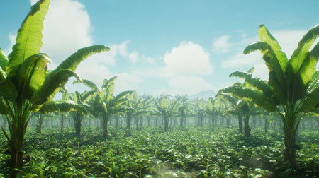A vibrant banana plantation showcasing lush trees under a clear blue sky. The serene landscape reflects tropical beauty and agricultural vitality, perfect for nature-themed projects.の素材