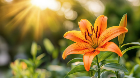 A stunning orange lily flower blooms in a sunlit garden. The vibrant petals surrounded by greenery create a serene atmosphere, perfect for capturing nature's beauty.の素材