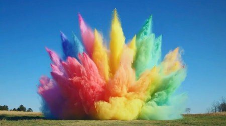 A stunning display of vibrant colored powder exploding against a clear blue sky. This striking image captures the essence of joy and celebration, perfect for creative projects.の素材