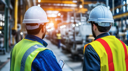 Two workers in safety helmets and vests observe the production process in a factory. The scene showcases teamwork and industrial operations in a modern environment.の素材
