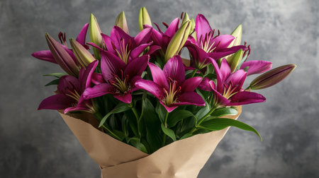 A vibrant bouquet of fresh purple lilies wrapped in paper, showcasing their beautiful blooms and green leaves. Perfect for gifting or home decoration.の素材