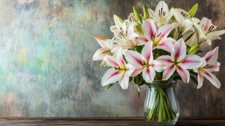 A beautiful arrangement of fresh lilies in a glass vase, set against a textured background. This image evokes feelings of serenity and elegance, perfect for floral decoration.の素材