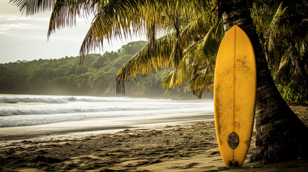 A vibrant yellow surfboard stands beside a palm tree on a tranquil beach. The gentle waves and warm sunlight create a perfect tropical escape.の素材