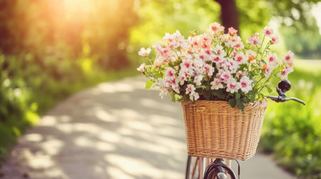 A charming vintage bicycle adorned with a basket of blooming flowers sits in a sunlit park pathway, evoking a sense of peace and beauty in nature.の素材