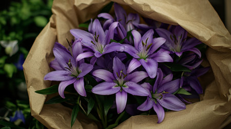 A stunning arrangement of purple lilies wrapped in brown paper, perfect for gifts or home decoration, representing beauty and elegance in nature.の素材