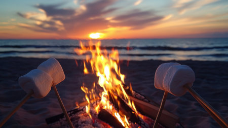 Enjoy a serene beach campfire at sunset, featuring marshmallows ready for roasting. Experience the warmth and tranquility of a perfect evening by the ocean.の素材