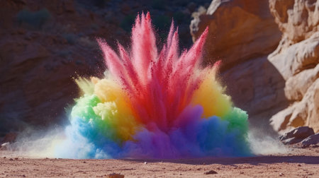 A stunning explosion of colorful dust creates a vibrant scene in nature. The bright hues form a captivating visual effect, evoking joy and artistic expression.の素材