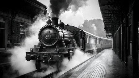 A captivating vintage steam train puffs smoke as it arrives at a historic station, evoking nostalgia and showcasing the beauty of classic railway travel.の素材