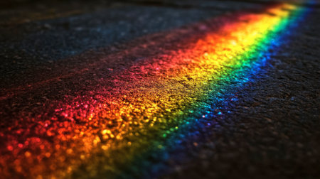 A vibrant rainbow reflection on a dark pavement captures the spectrum of colors in a striking artistic display, creating a beautiful outdoor scene.の素材