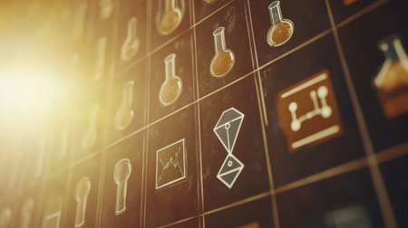 A visually striking background featuring chemistry symbols and laboratory equipment. Perfect for science-related projects, educational materials, or research presentations.の素材