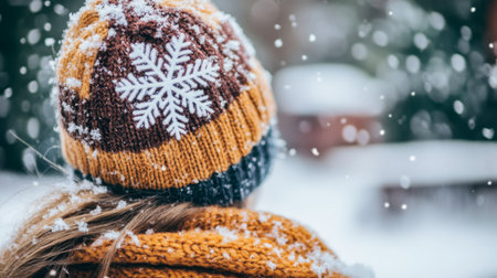 A cozy winter scene featuring a person wearing a knitted hat and scarf while snow gently falls around. Perfect for capturing winter vibes and clothing styles.の素材