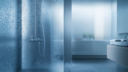 A contemporary bathroom scene featuring a glass shower with steam, showcasing modern design elements and a serene atmosphere for relaxation.の素材