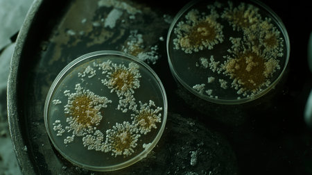 Close-up view of petri dishes displaying fungal growth in a dim laboratory environment. Ideal for science and microbiology themes emphasizing experimentation and research.の素材