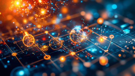 A stunning abstract representation of digital technology featuring glowing particles, intricate connections, and vibrant colors. Ideal for tech-themed projects.の素材