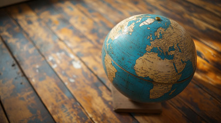 A vintage globe rests gracefully on a wooden floor, highlighting the beauty of map details and warm tones. Perfect for travel, education, or decor themes.の素材