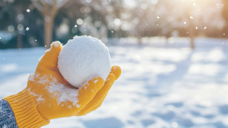 A vibrant hand in a yellow glove holds a perfect snowball, surrounded by a sparkling winter landscape. Soft snowflakes fall gently under the sunlight.の素材
