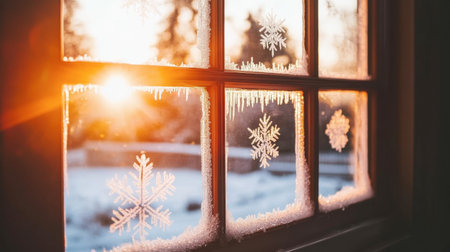 A beautiful winter sunset shines through a frosted window, showcasing delicate snowflake patterns. The warm light contrasts with the cold atmosphere outside.の素材